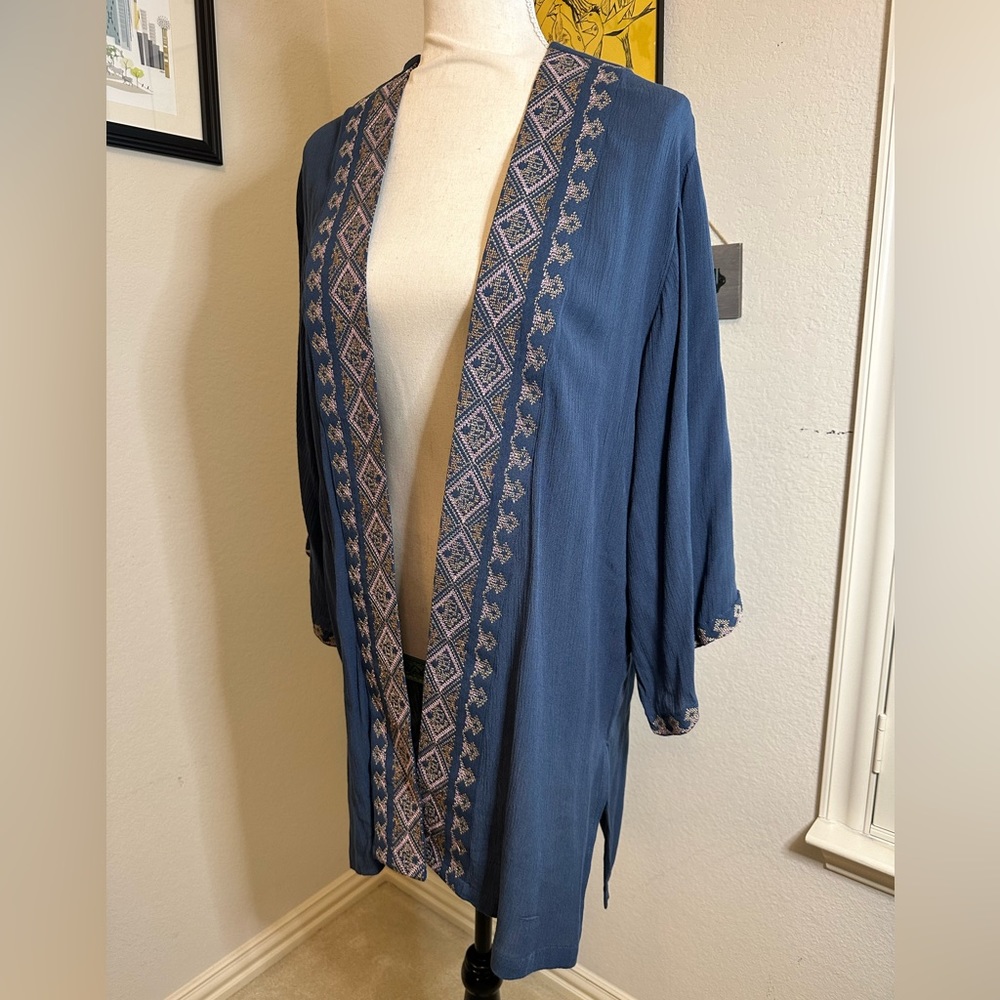 J. Jill Blue Open-Front Blazer with Patterned Trim